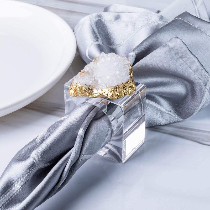 AMOYSTONE طقم حلقات مناديل كواتز أبيض مربع AMOYSTONE من 4 قطع، حامل مناديل كريستالي بقاعدة زجاجية، جيود غير منتظم بحواف ذهبية 2.5" - Image 3